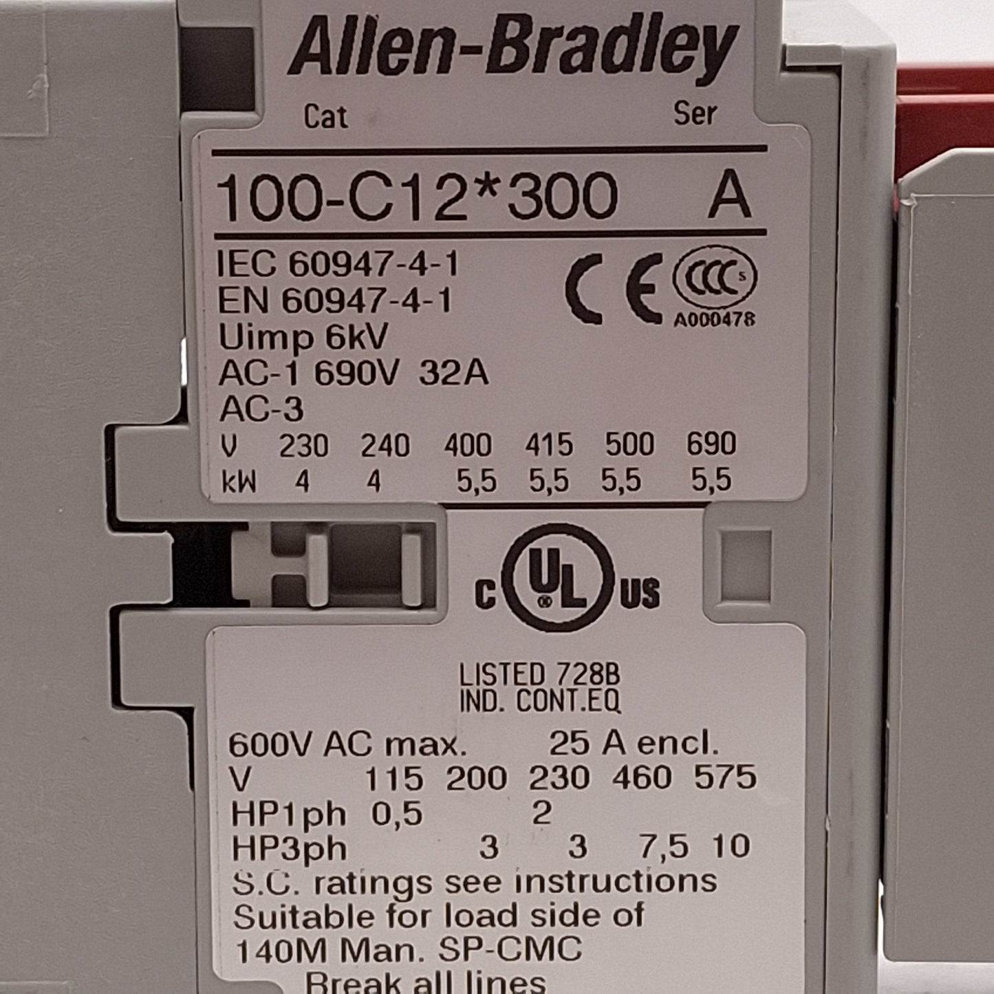 Used Allen Bradley 100S-C12D304C Guardmaster Safety Contactor 12A 3NO+1NC 120VAC Coil