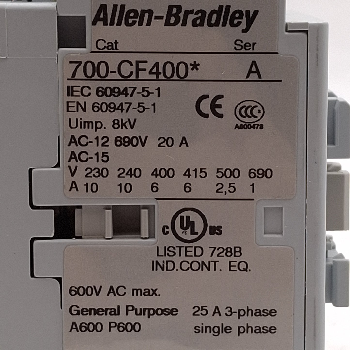 Used Allen Bradley 700-CF400D IEC Contactor 4NO, 3Ø 600VAC 25A, 120VAC Coil, DIN Rail