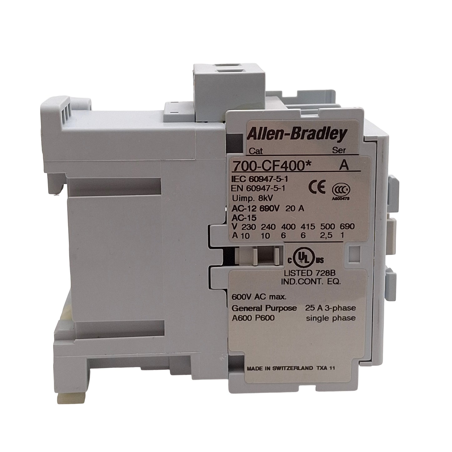 Used Allen Bradley 700-CF400D IEC Contactor 4NO, 3Ø 600VAC 25A, 120VAC Coil, DIN Rail
