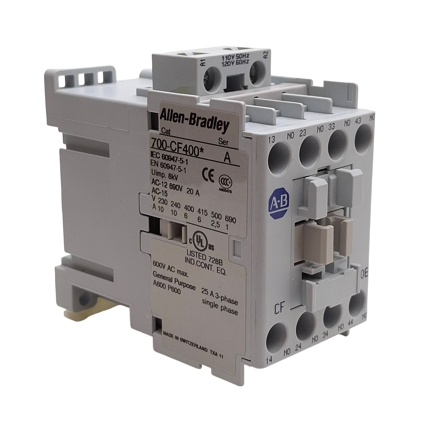 Used Allen Bradley 700-CF400D IEC Contactor 4NO, 3Ø 600VAC 25A, 120VAC Coil, DIN Rail