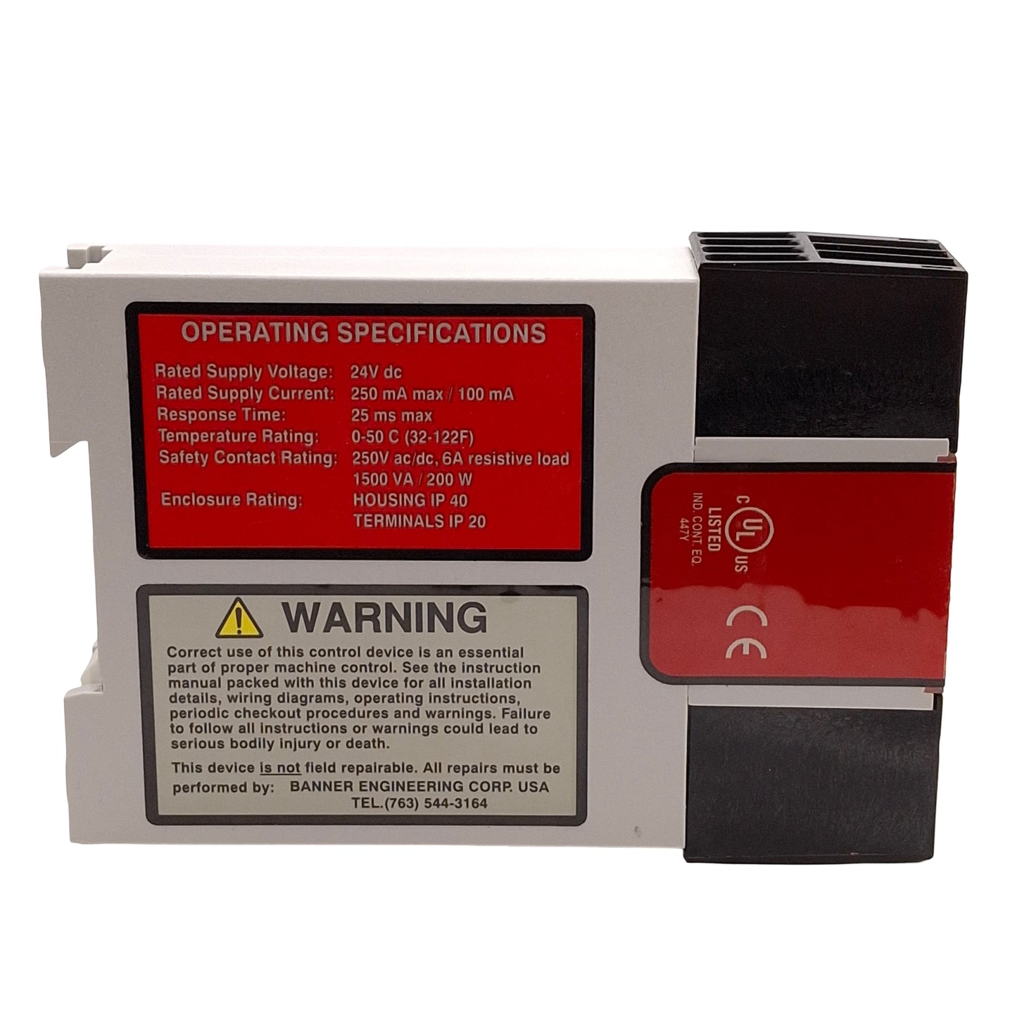 Used Banner EM-T-7A Safety Extension Relay, 4NO, 6A 250VAC/DC Contacts, 24VDC Supply