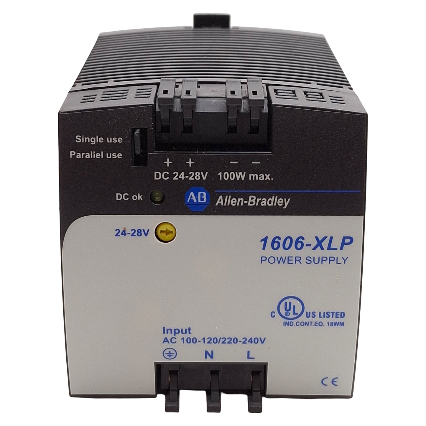 Used Allen Bradley 1606-XLP100E PLC Power Supply, 100W, 24VDC Out, 100-240VAC Input