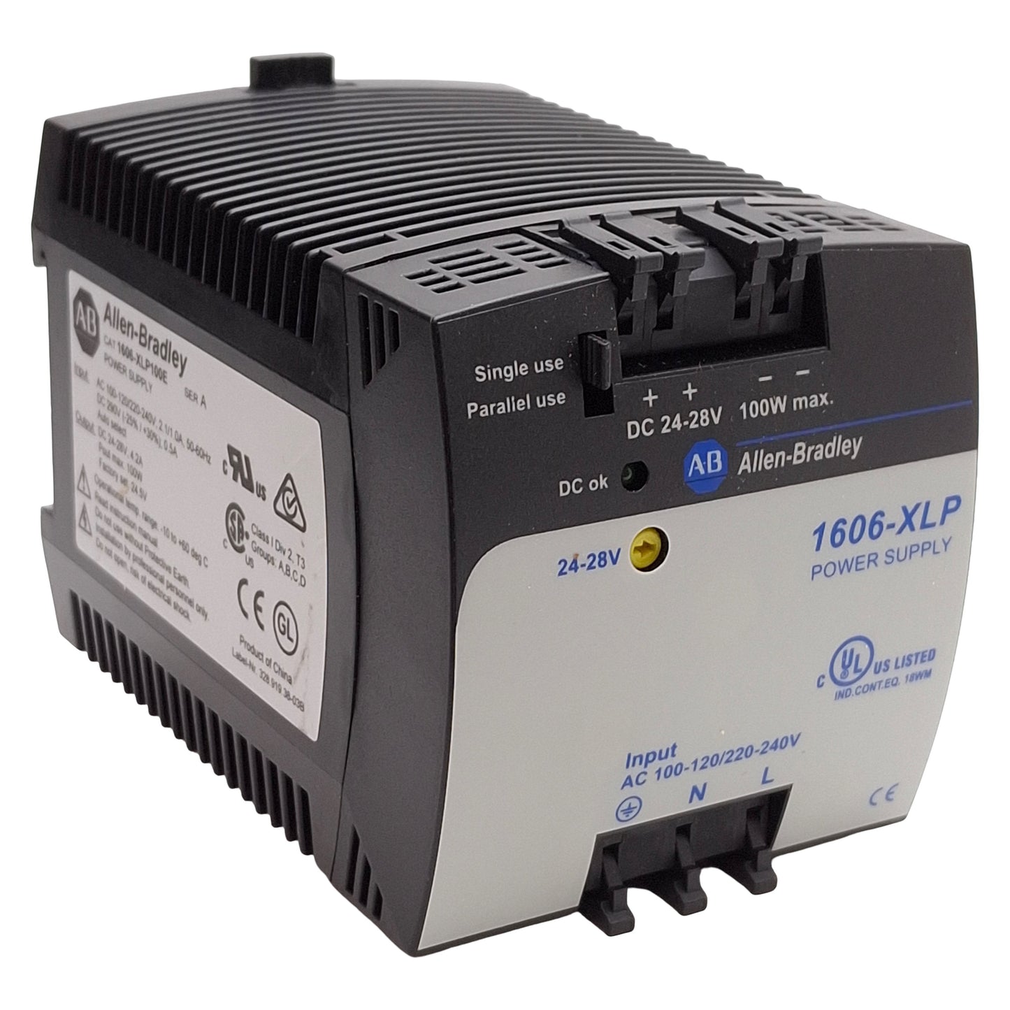 Used Allen Bradley 1606-XLP100E PLC Power Supply, 100W, 24VDC Out, 100-240VAC Input