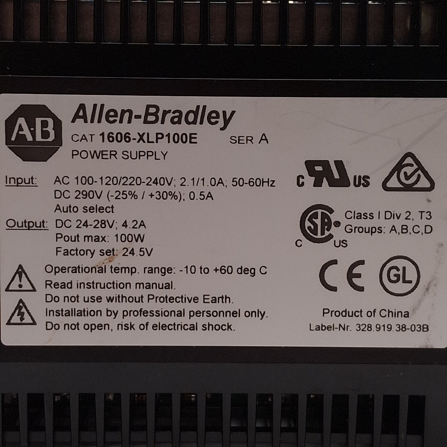 Used Allen Bradley 1606-XLP100E PLC Power Supply, 100W, 24VDC Out, 100-240VAC Input