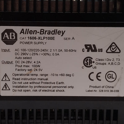 Used Allen Bradley 1606-XLP100E PLC Power Supply, 100W, 24VDC Out, 100-240VAC Input