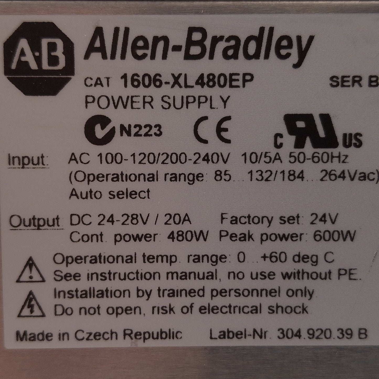 Used Allen Bradley 1606-XL480EP PLC Power Supply, 480W 24VDC Output, 100-240VAC Input