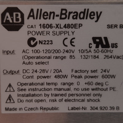 Used Allen Bradley 1606-XL480EP PLC Power Supply, 480W 24VDC Output, 100-240VAC Input
