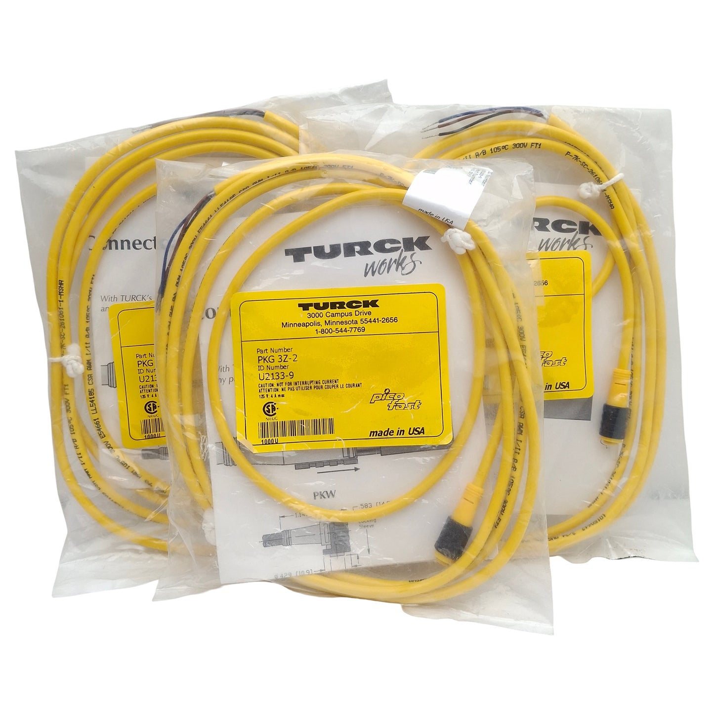 New Lot of 3 Turck PKG 3Z-2 Actuator & Sensor Cable, 3-Pin M8 Female to Leads, 2m