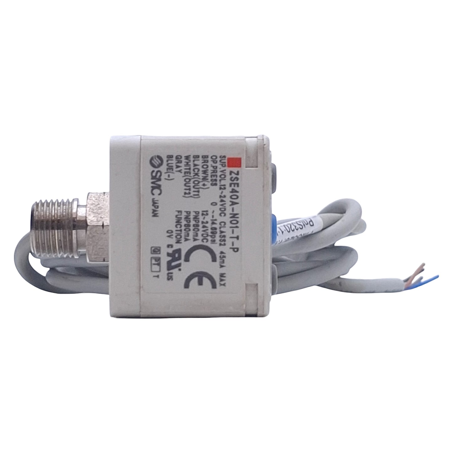 Used SMC ZSE40A-N01-T-P Vacuum Switch, 0 to -14.69psi, 12-24VDC, PNP, 1/8" NPT