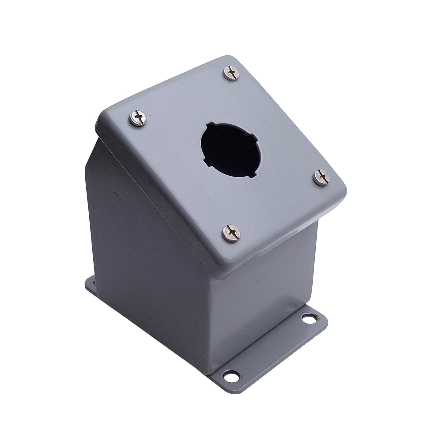 Used Saginaw SCE-1PBA Pushbutton Switch Enclosure, 1-Hole, 30mm PB, 4in x 4in x 5in