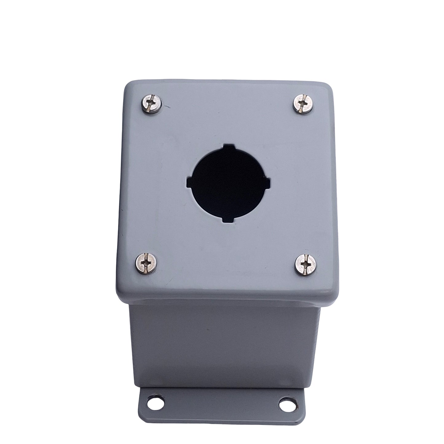 Used Saginaw SCE-1PBA Pushbutton Switch Enclosure, 1-Hole, 30mm PB, 4in x 4in x 5in