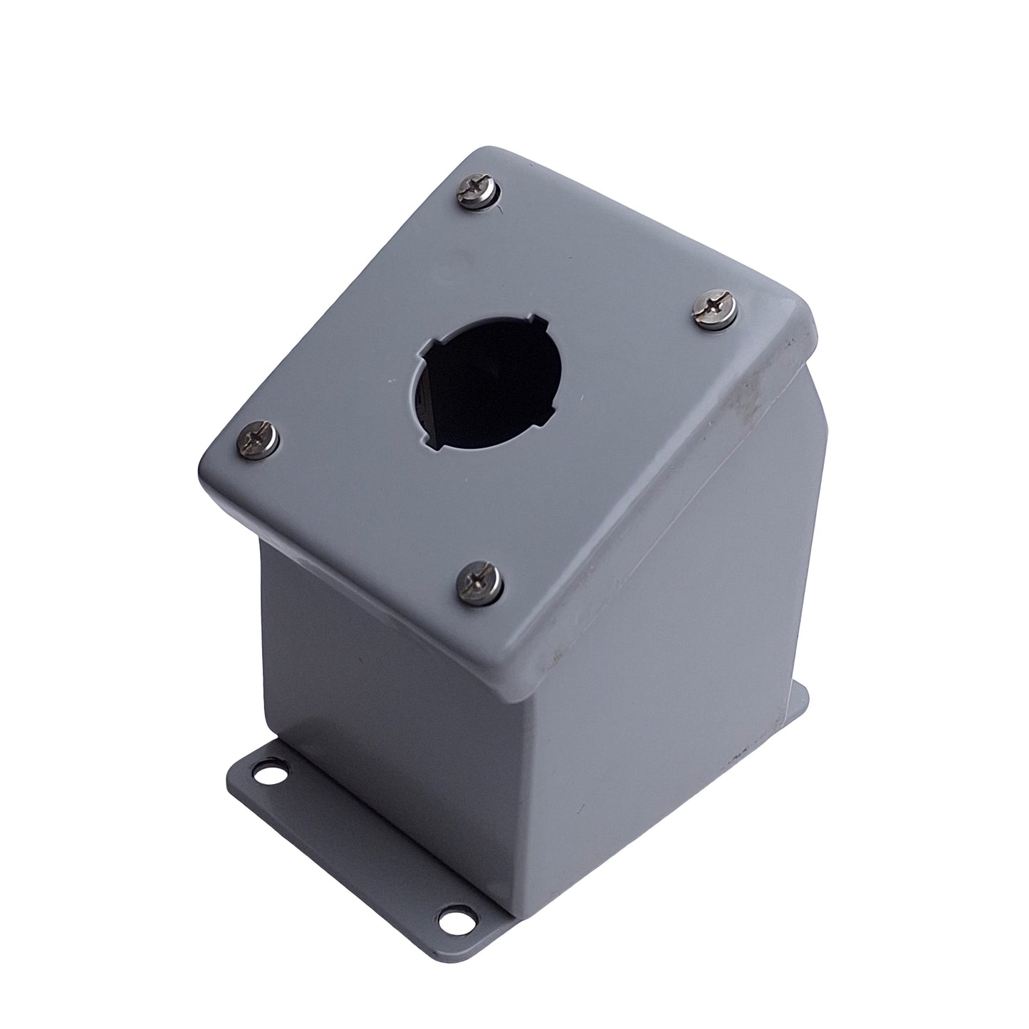 Used Saginaw SCE-1PBA Pushbutton Switch Enclosure, 1-Hole, 30mm PB, 4in x 4in x 5in