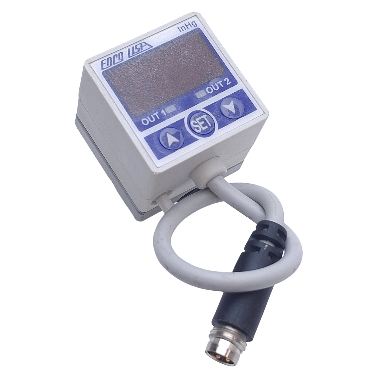 Used EDCO USA DVP-200 Digital Vacuum Sensor NPN, 0-29.5inHg, 12-24VDC, 4-Pin Male