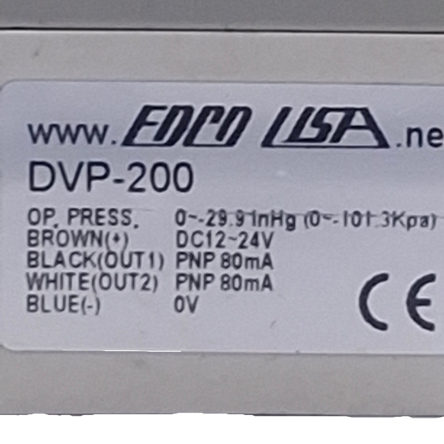 Used EDCO USA DVP-200 Digital Vacuum Sensor NPN, 0-29.5inHg, 12-24VDC, 4-Pin Male