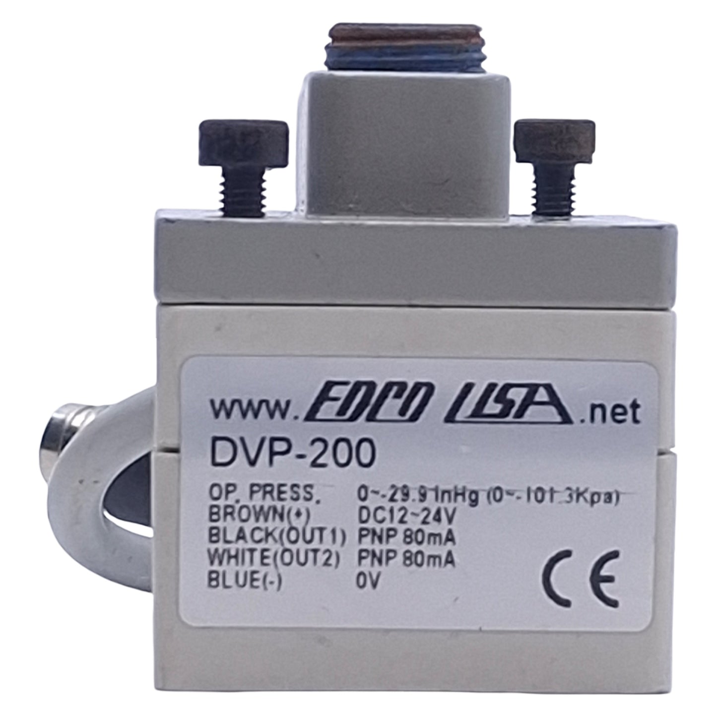 Used EDCO USA DVP-200 Digital Vacuum Sensor NPN, 0-29.5inHg, 12-24VDC, 4-Pin Male