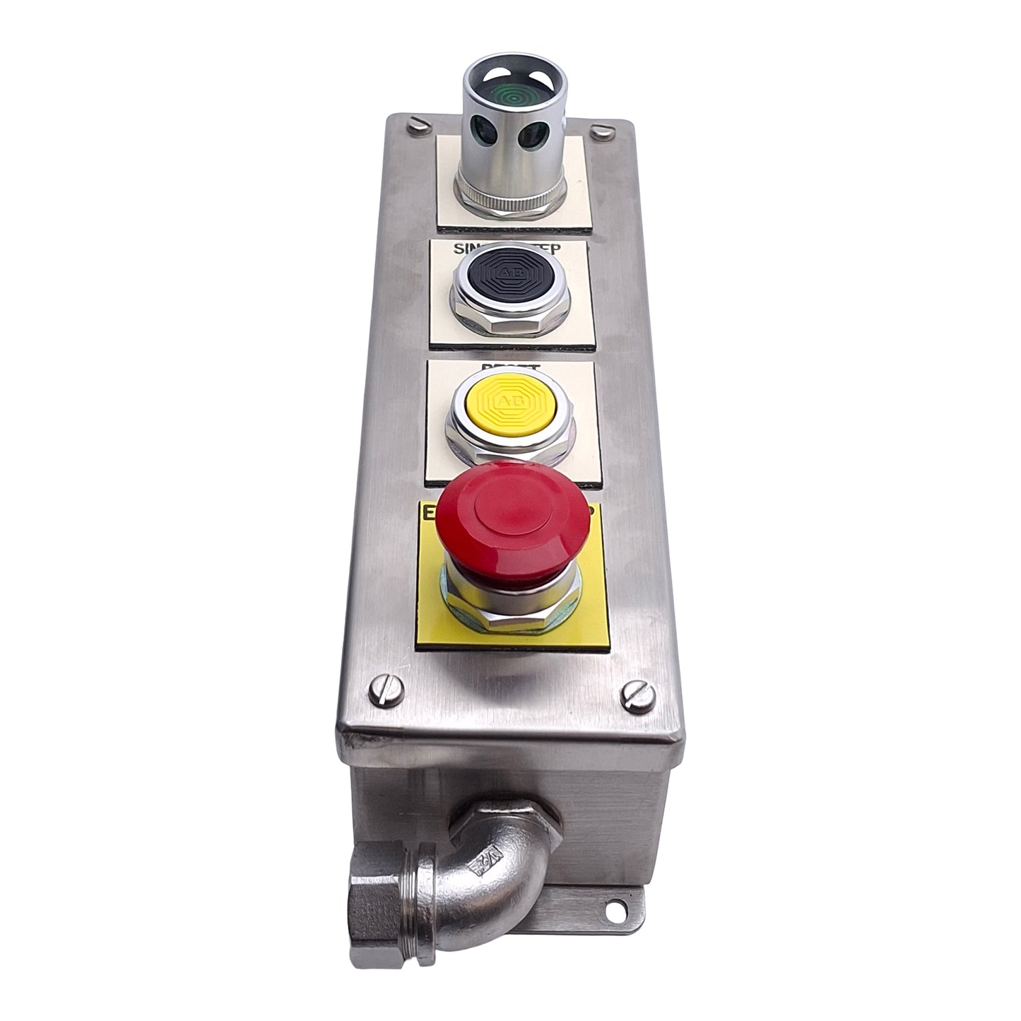 New – Open box Allen Bradley 800H/T Emergency Stop Control Station, 1NCLB / 1NO / 1NO / 1NO1NC