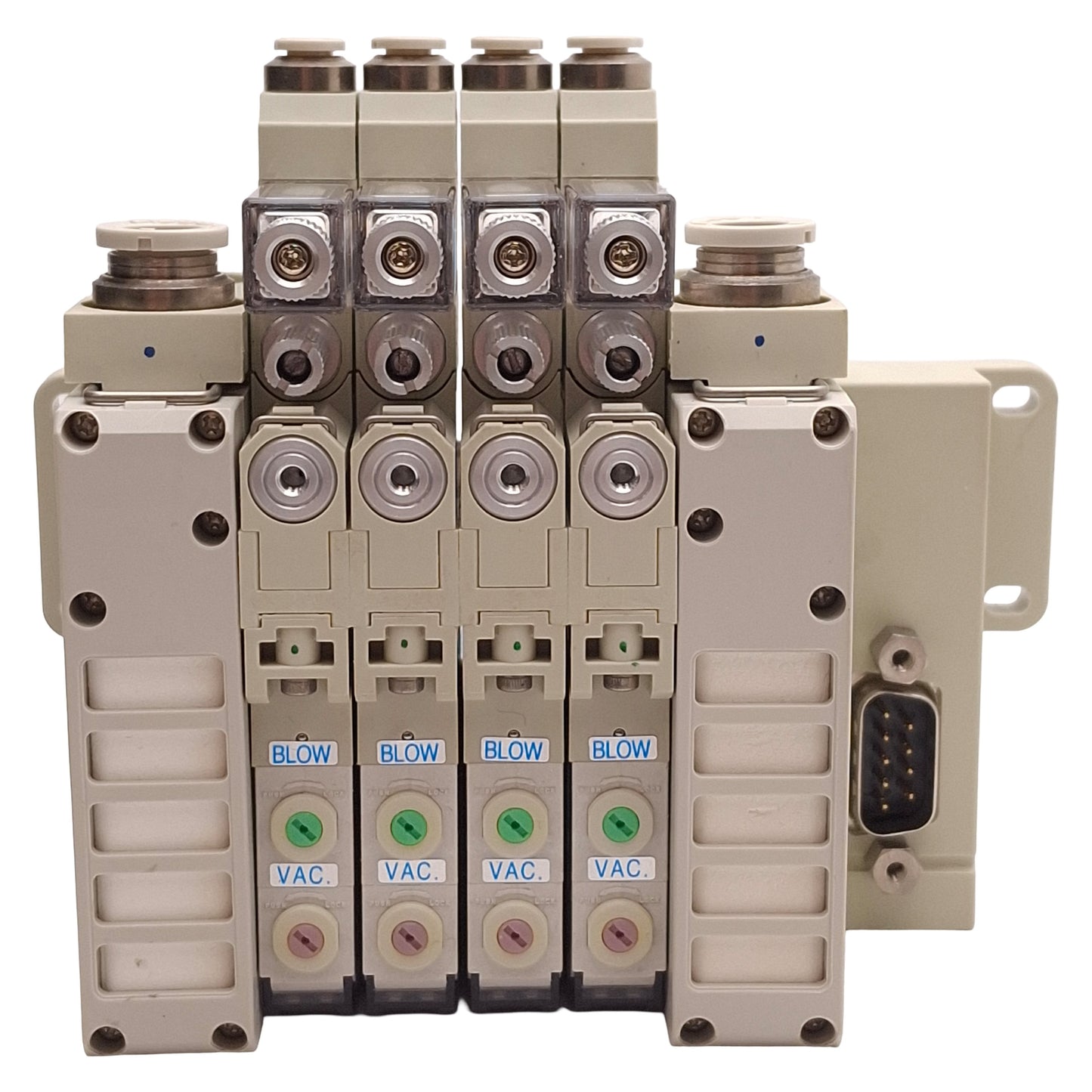 New – Open box Pisco VZH07-48S-D24-M04-D Vacuum Generator Manifold, 4-Station, 24VDC Coils