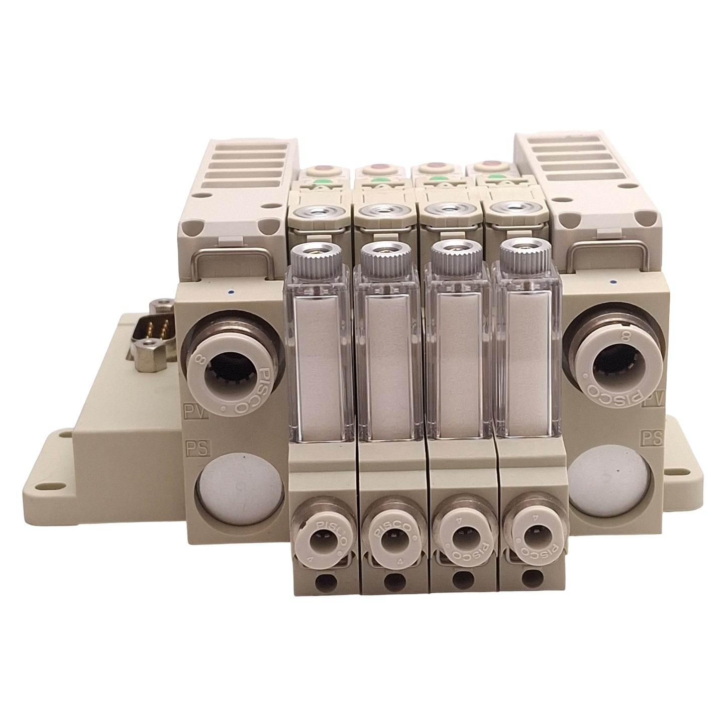 New – Open box Pisco VZH07-48S-D24-M04-D Vacuum Generator Manifold, 4-Station, 24VDC Coils