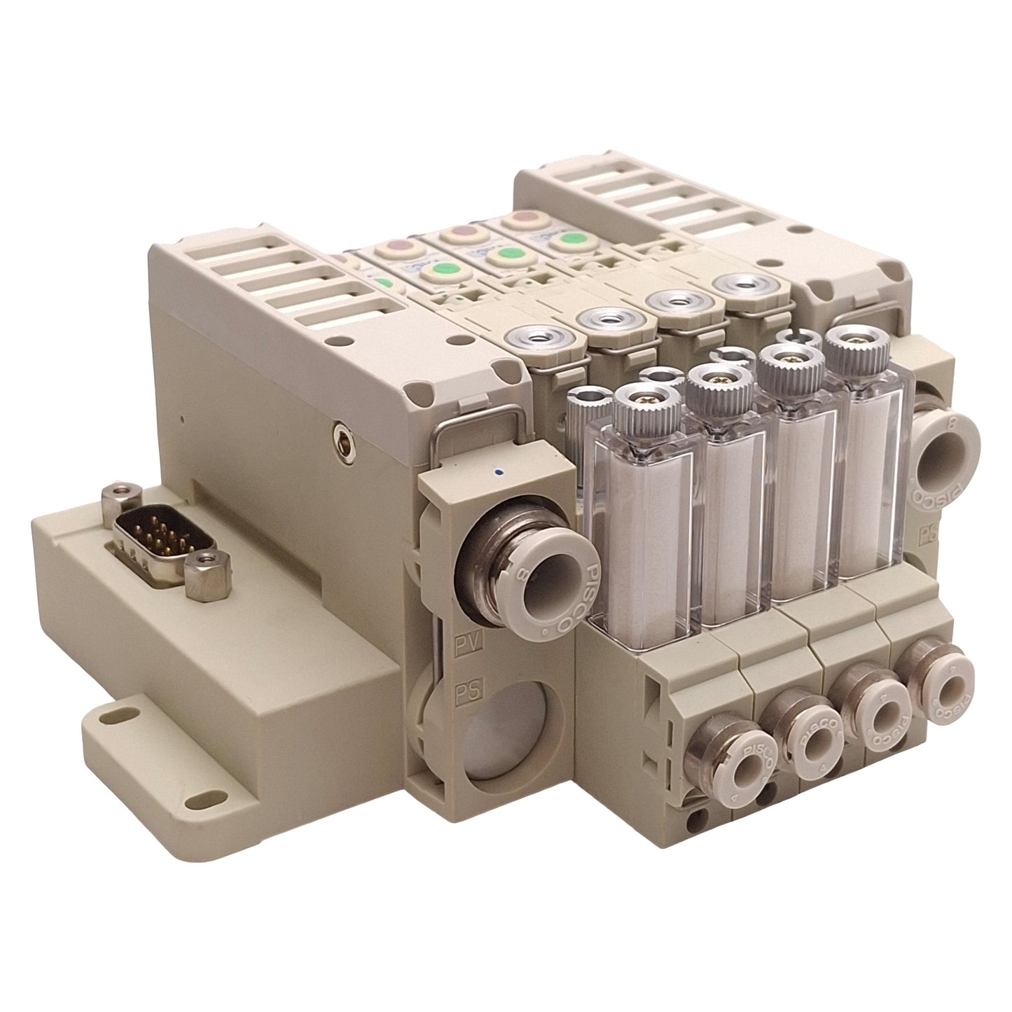 New – Open box Pisco VZH07-48S-D24-M04-D Vacuum Generator Manifold, 4-Station, 24VDC Coils
