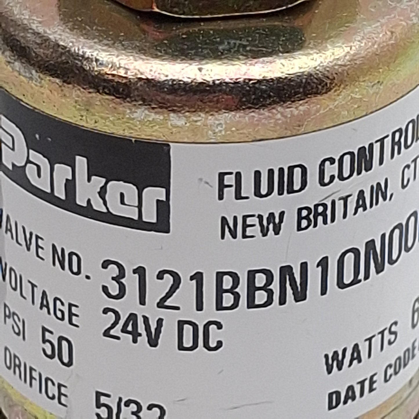 Used Parker 3121BBN1QN00RRT1J1C2 Solenoid Valve, 2-Way 1/8in NPT, 50psi, 24VDC Coil