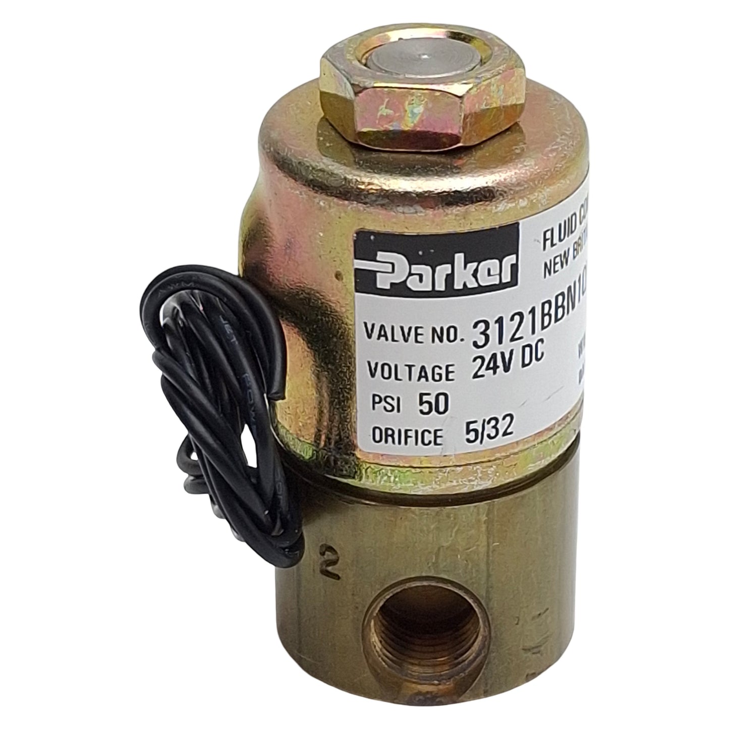 Used Parker 3121BBN1QN00RRT1J1C2 Solenoid Valve, 2-Way 1/8in NPT, 50psi, 24VDC Coil