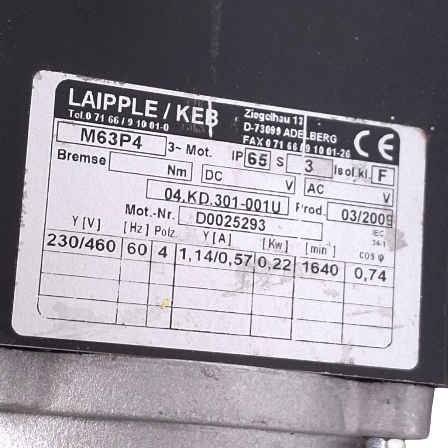 Used Laipple KEB M63P4 AC Motor, 3-Phase 4-Pole, 0.22kW 1640rpm Max, 230/460VAC