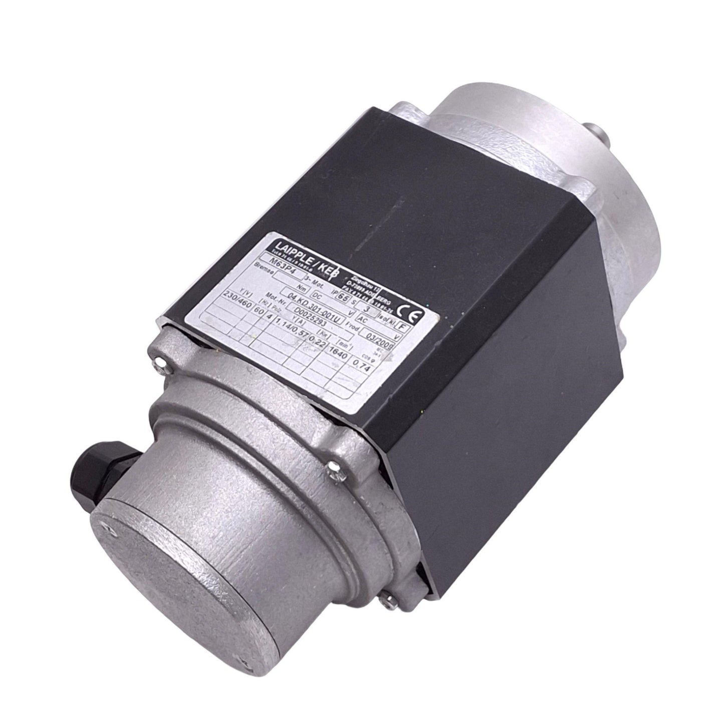 Used Laipple KEB M63P4 AC Motor, 3-Phase 4-Pole, 0.22kW 1640rpm Max, 230/460VAC