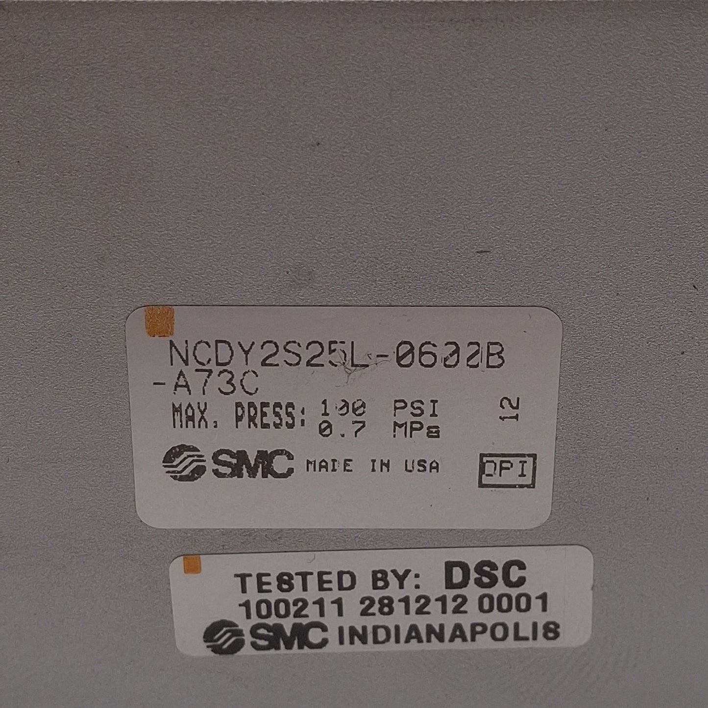 Used SMC NCDY2S25L-0600B Magnetically Coupled Rodless Cylinder, ø1in Bore, 6in Stroke