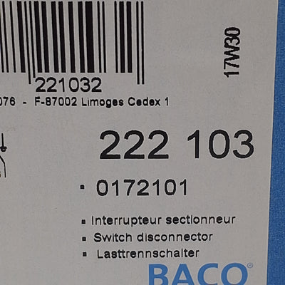 New Baco 0172101 222103 Padlockable Disconnect Switch, 3-Pole 3-Phase, 32A 600VAC