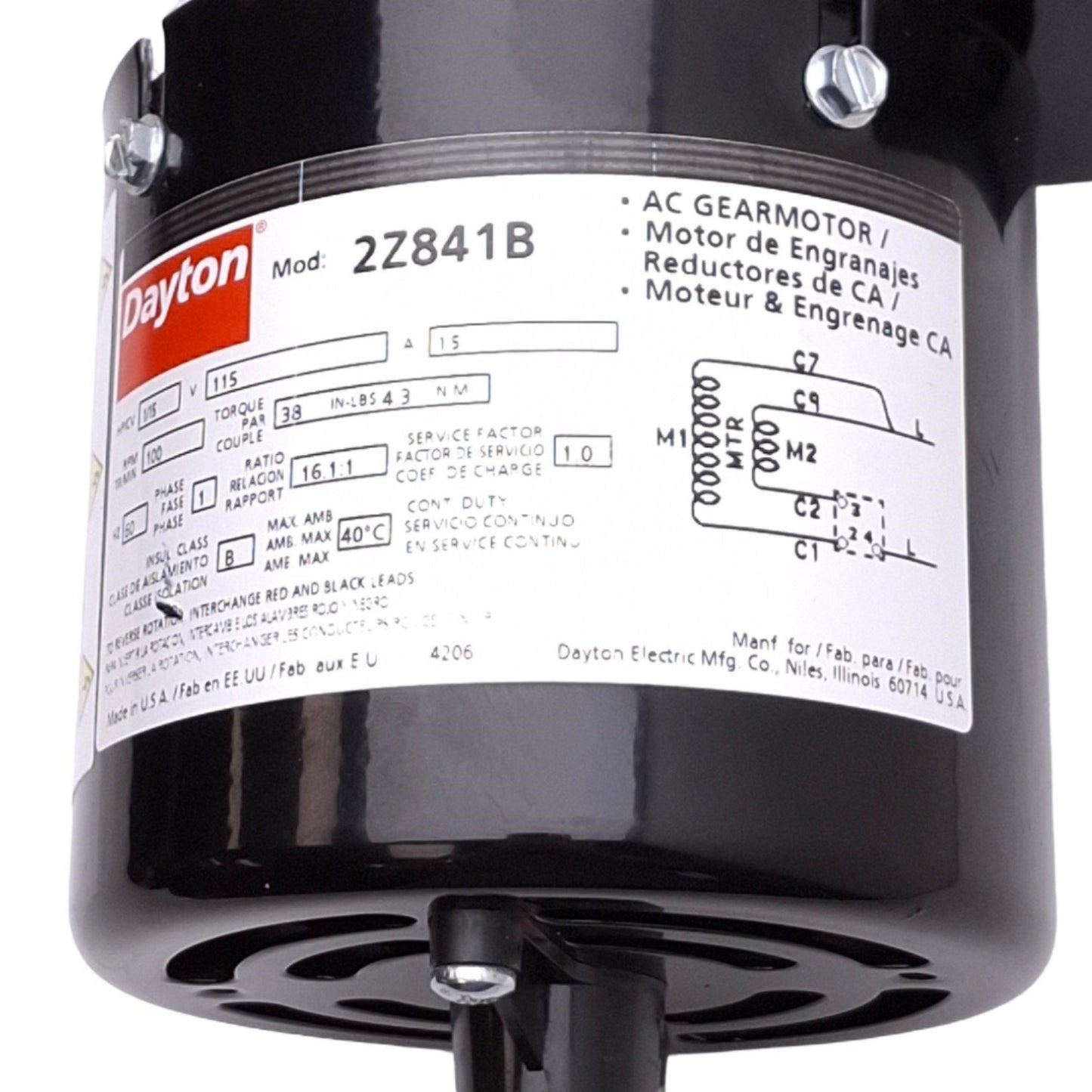 Used Dayton 2Z841B AC Gearmotor, 17:1, 100rpm 38in-lbs 1/15HP Max, 115VAC 1.5A