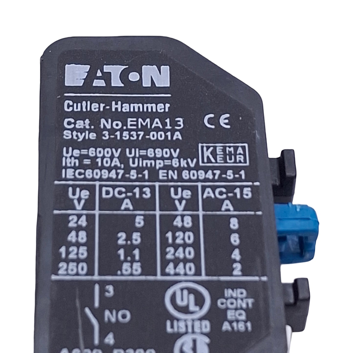 Used Eaton Cutler Hammer EMA13 Auxiliary Contact Block 600V 10A 6kV NO Normally Open