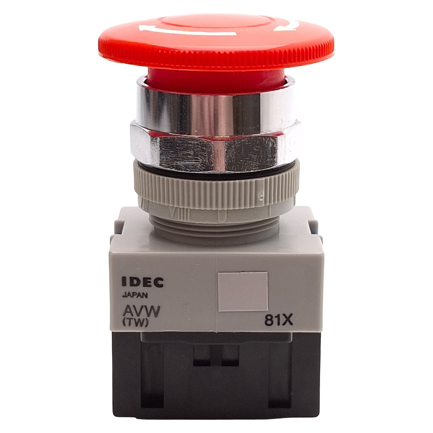 Used Idec AVW410-R E-Stop Pushbutton Push/Turn Reset, 1NO, ø40mm Mushroom, 600VAC 10A
