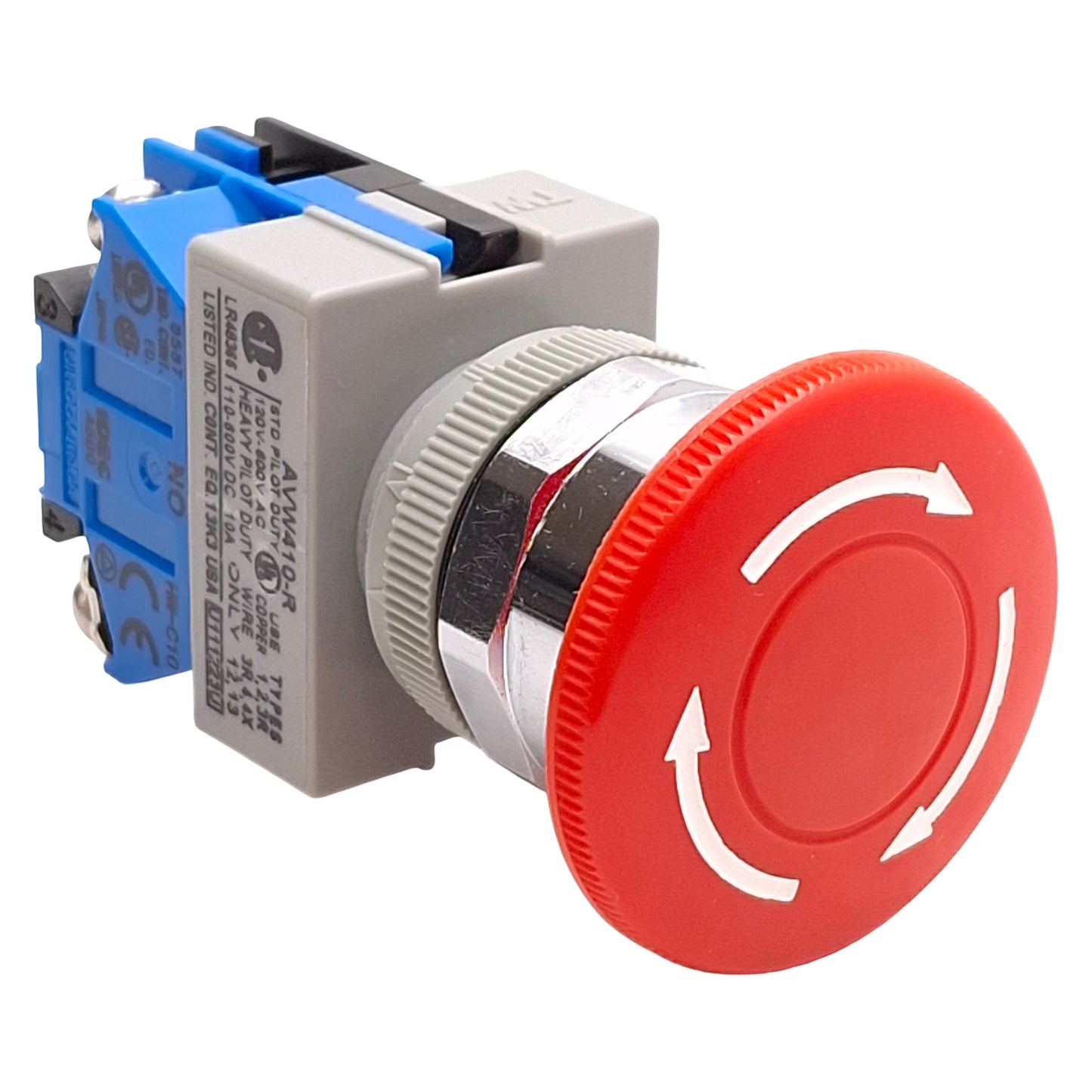 Used Idec AVW410-R E-Stop Pushbutton Push/Turn Reset, 1NO, ø40mm Mushroom, 600VAC 10A