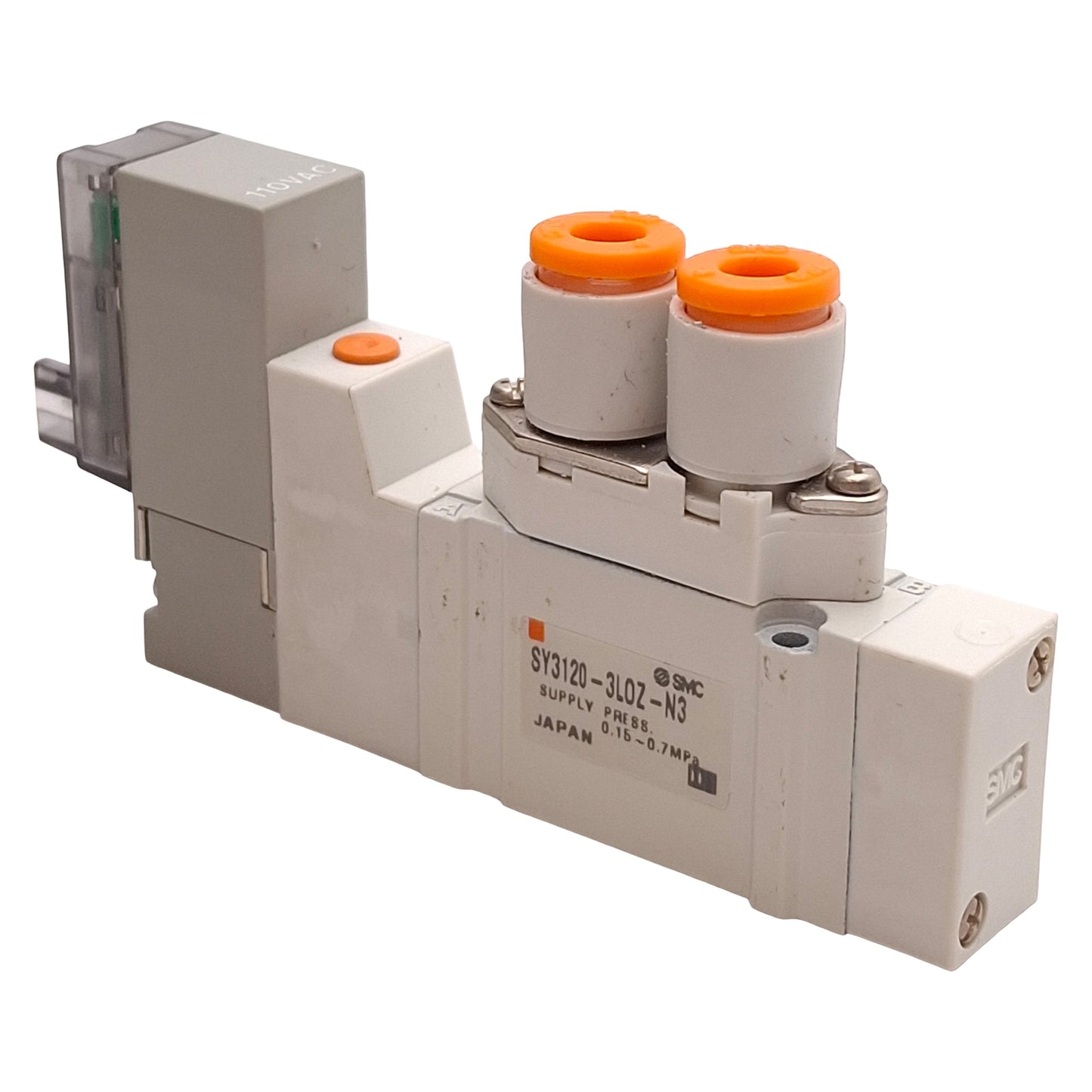 Used SMC SY3120-3LOZ-N3 Solenoid Valve, 2-Pos Single, ø5/32in One-Touch, 110VAC Coil