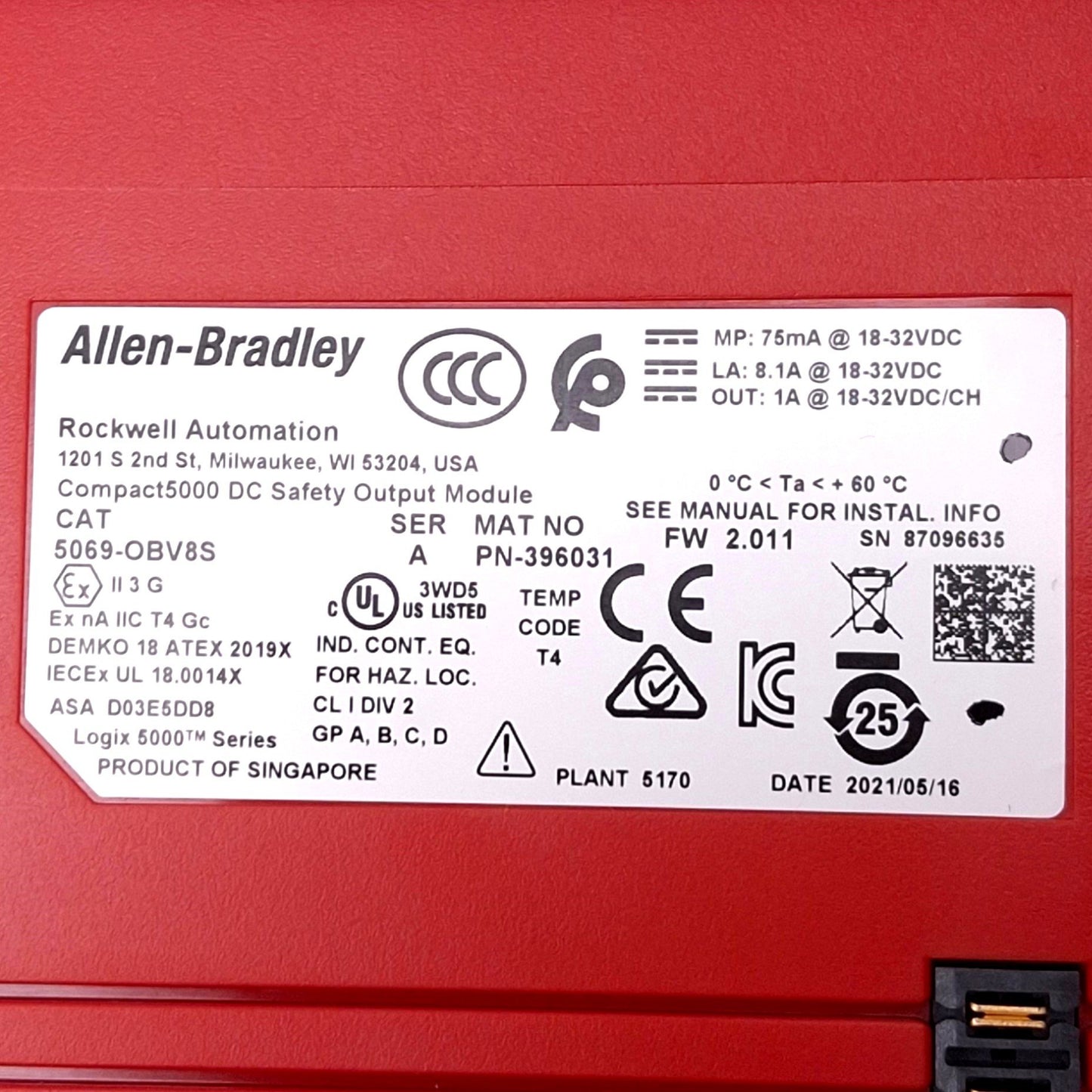 Used Allen Bradley 5069-OBV8S Compact5000 DC Safety Output Module, 8-Channel, FW2.011