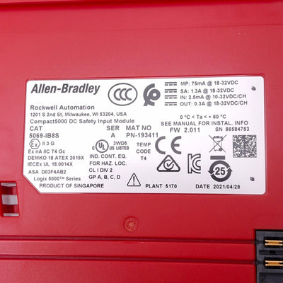 Used Allen Bradley 5069-IB8S Compact5000 DC Safety Input Module, 8-Channel, FW2.011