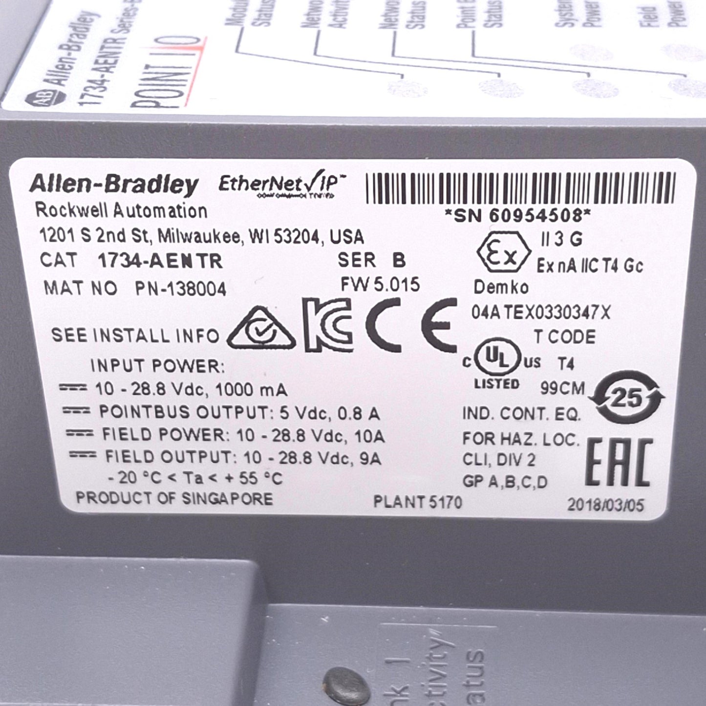 Used Allen Bradley 1734-AENTR POINT I/O Network Adapter, 2-Port EtherNet/IP, 24VDC