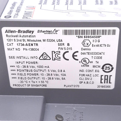 Used Allen Bradley 1734-AENTR POINT I/O Network Adapter, 2-Port EtherNet/IP, 24VDC