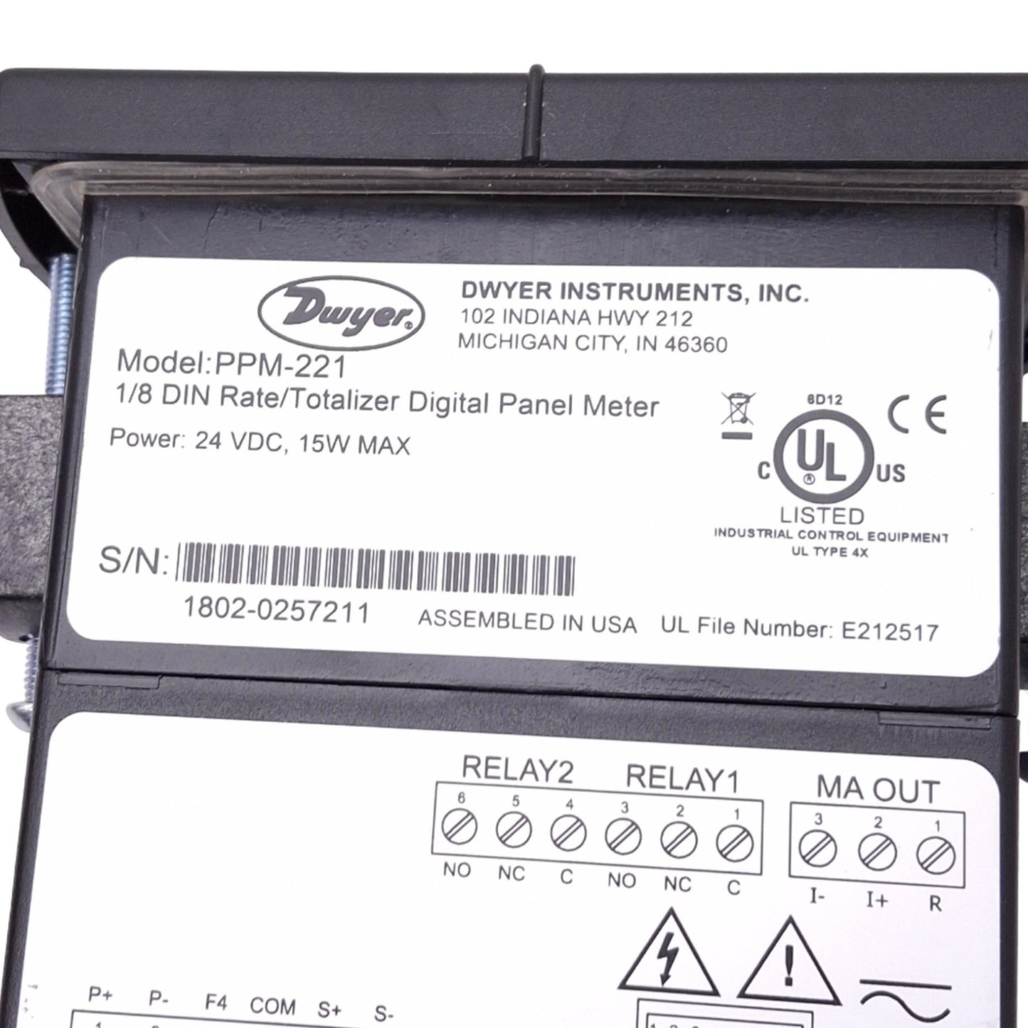 Used Dwyer PPM-221 Totalizer Digital Panel Meter, 2-Line 6-Digit, 24VDC, 1/8 DIN
