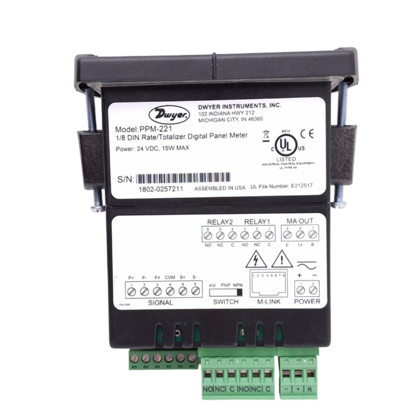 Used Dwyer PPM-221 Totalizer Digital Panel Meter, 2-Line 6-Digit, 24VDC, 1/8 DIN