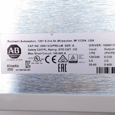 Used Allen Bradley 2097-V32PR0-LM Kinetix 350 Servo Drive, 3ph 0-230VAC 0-400Hz, 400W