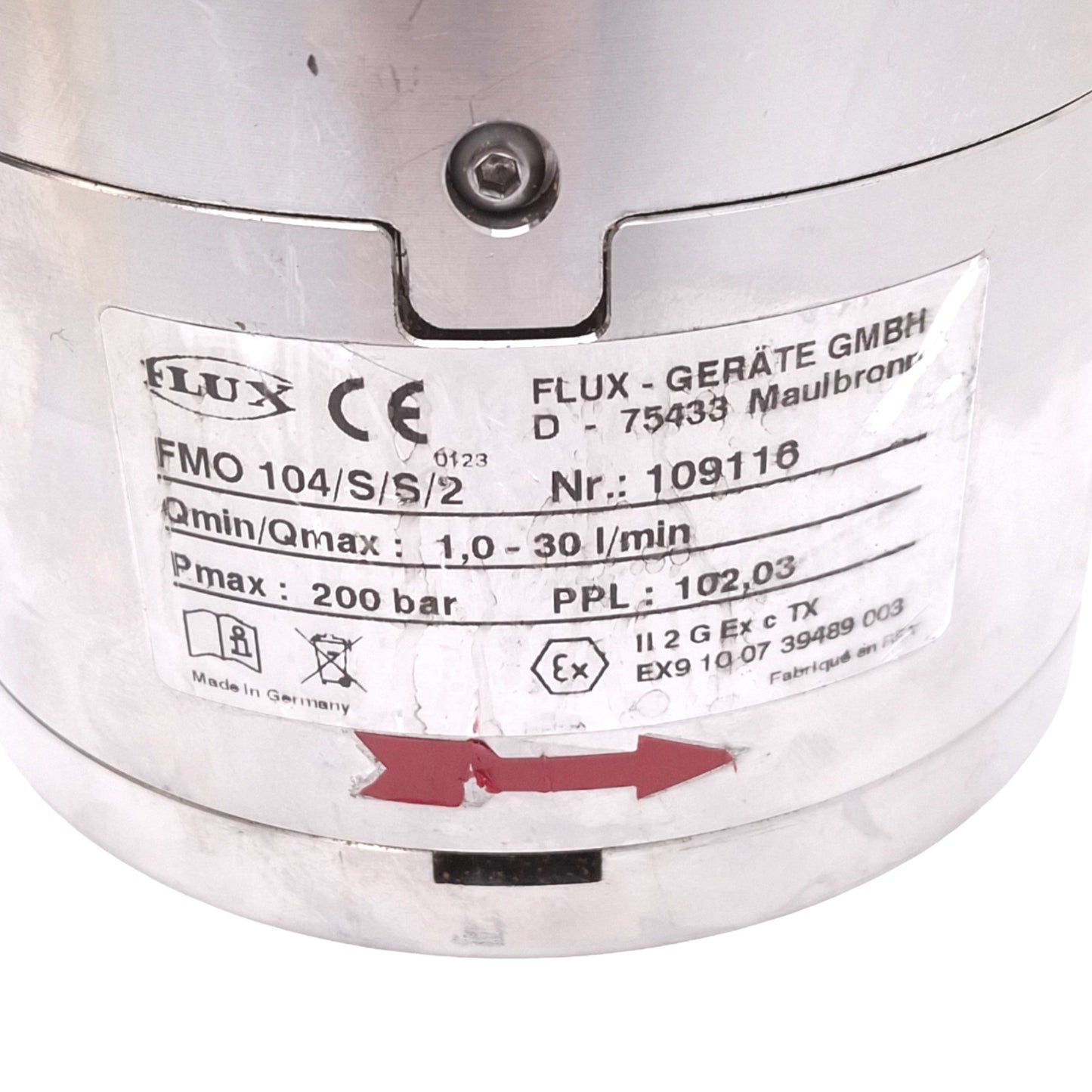 Used Flux FMO 104/S/S/2 Oval Rotor Flow Meter, 1-30 L/min, 200bar Max, 1/2in NPT