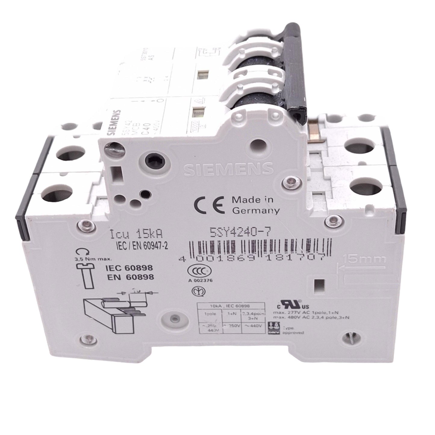 Used Siemens 5SY4240-7 Supplementary Circuit Breaker, 2-Pole 40A, w/ Aux Switch