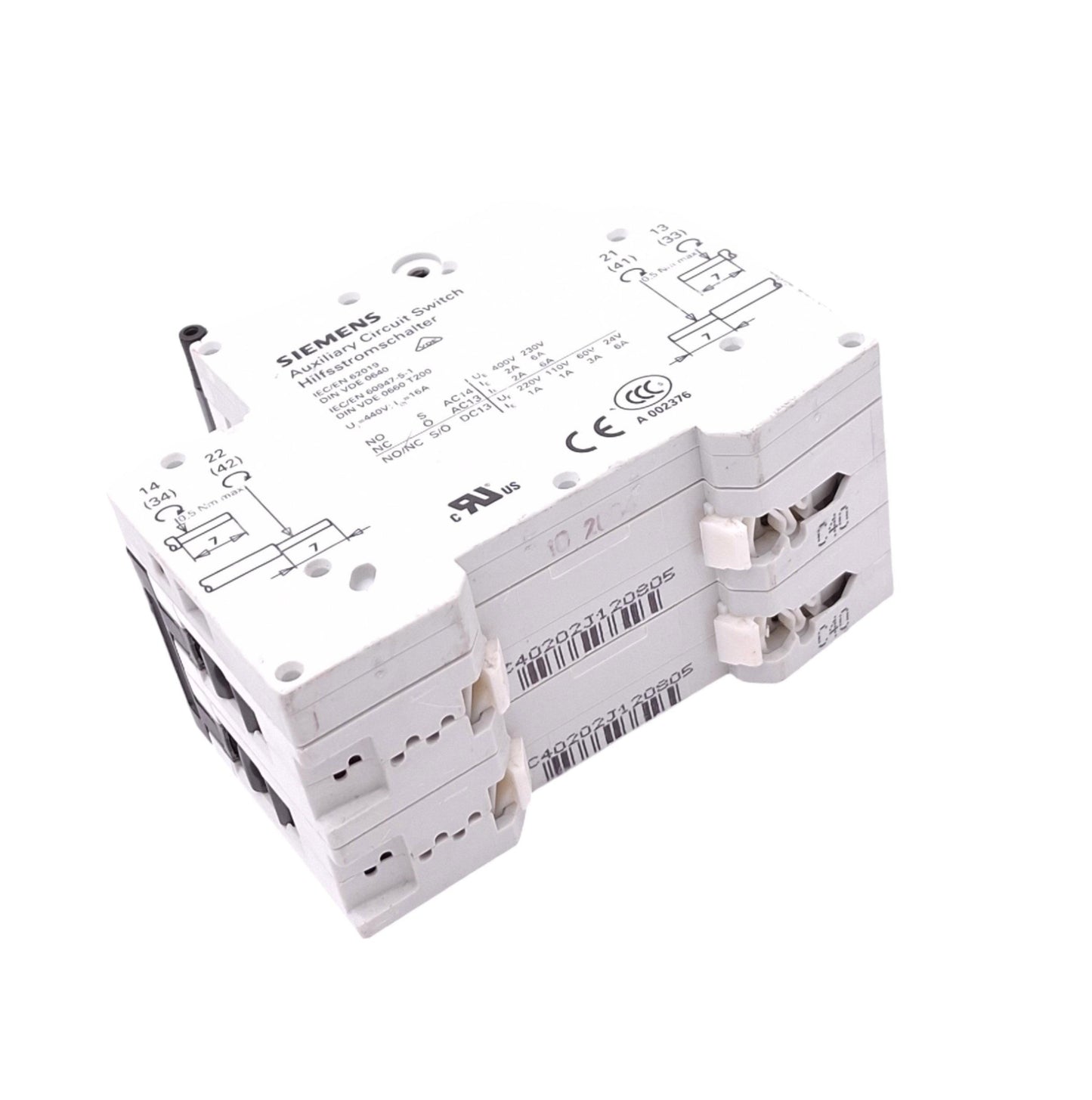 Used Siemens 5SY4240-7 Supplementary Circuit Breaker, 2-Pole 40A, w/ Aux Switch