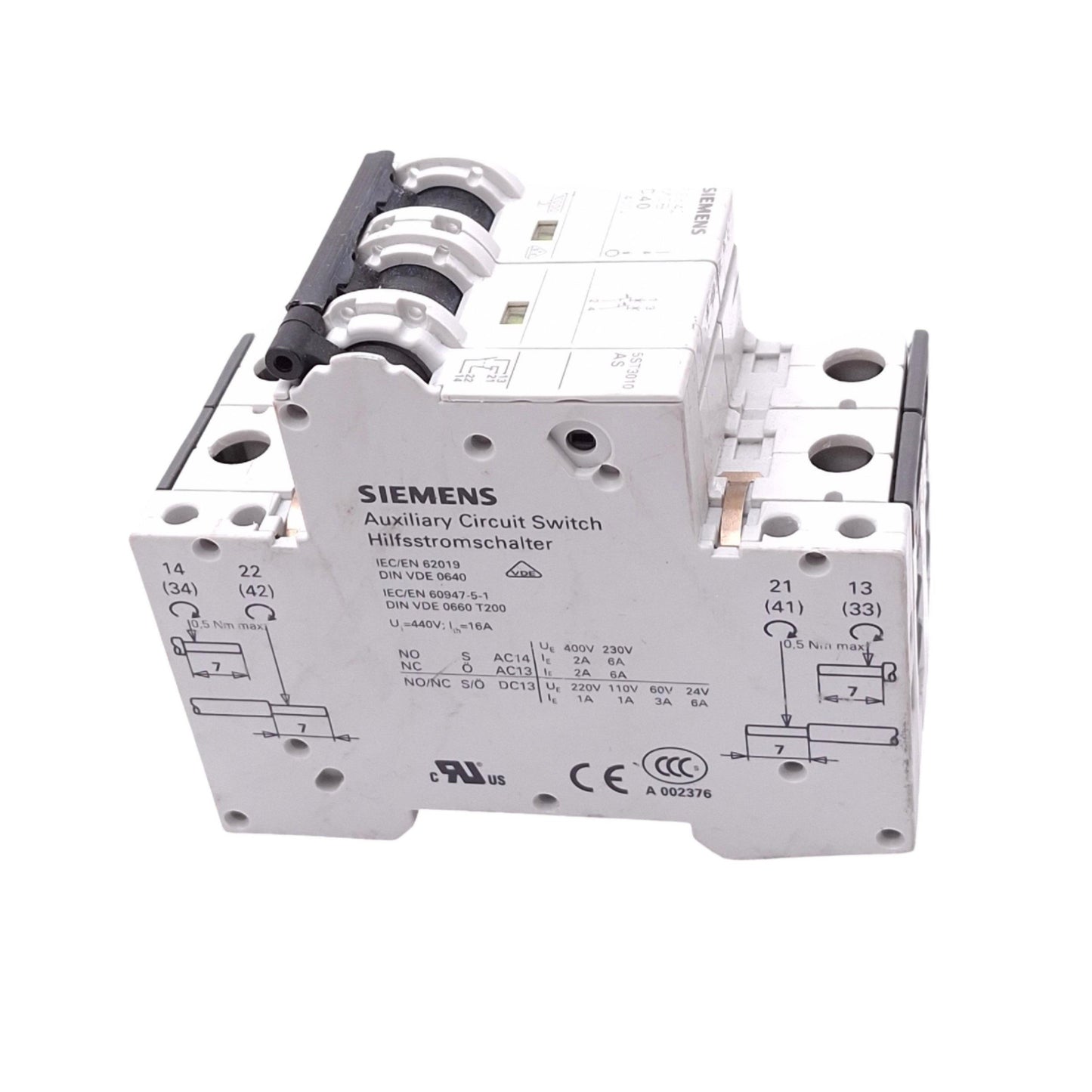 Used Siemens 5SY4240-7 Supplementary Circuit Breaker, 2-Pole 40A, w/ Aux Switch