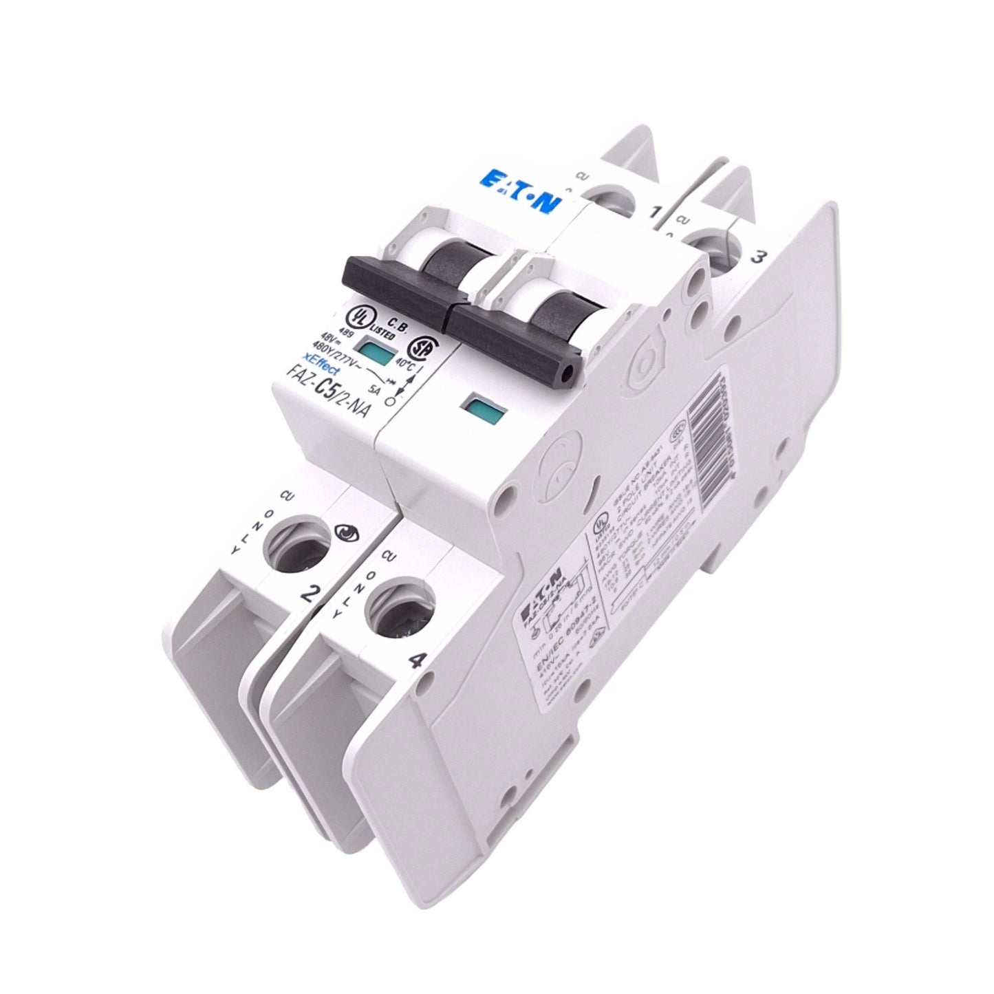 Used Eaton FAZ-C5/2-NA Circuit Breaker, 2-Pole 5A, 480Y/277VAC Max, DIN Rail