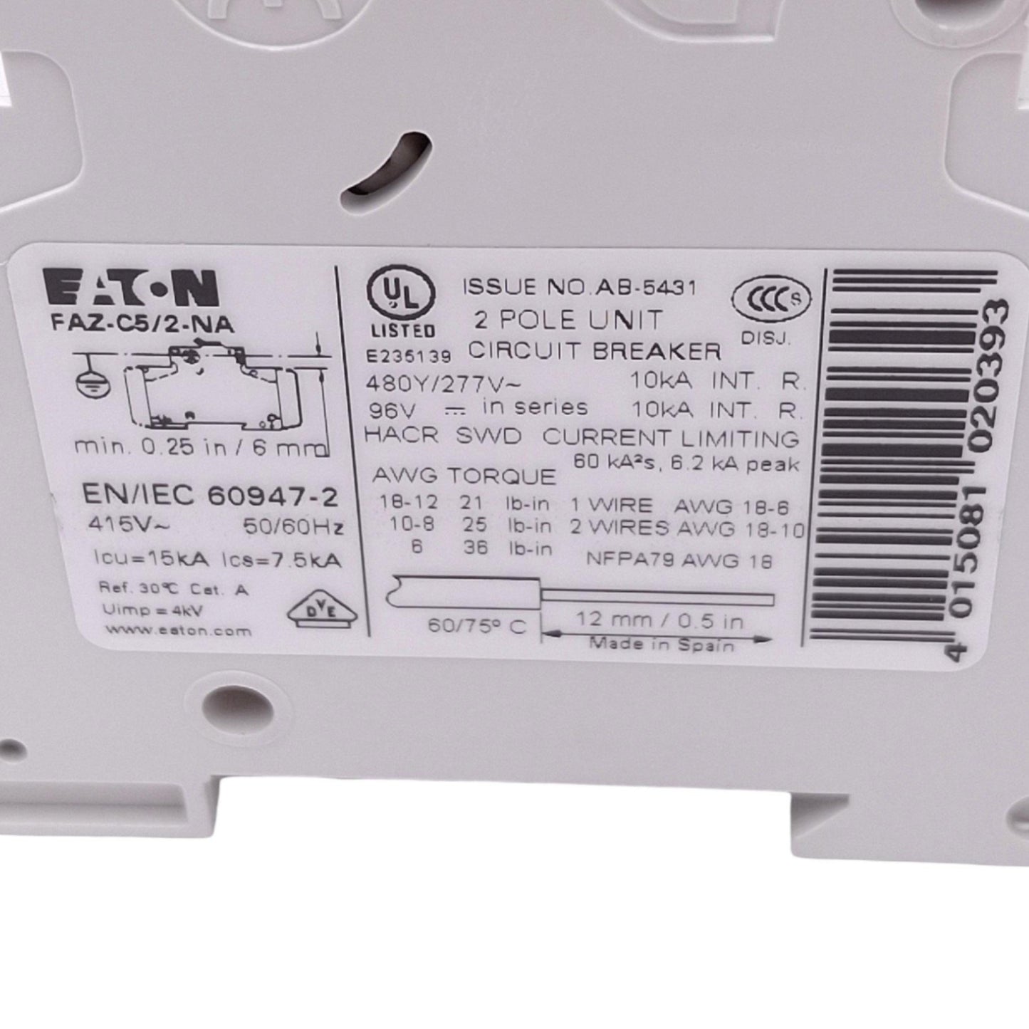 Used Eaton FAZ-C5/2-NA Circuit Breaker, 2-Pole 5A, 480Y/277VAC Max, DIN Rail