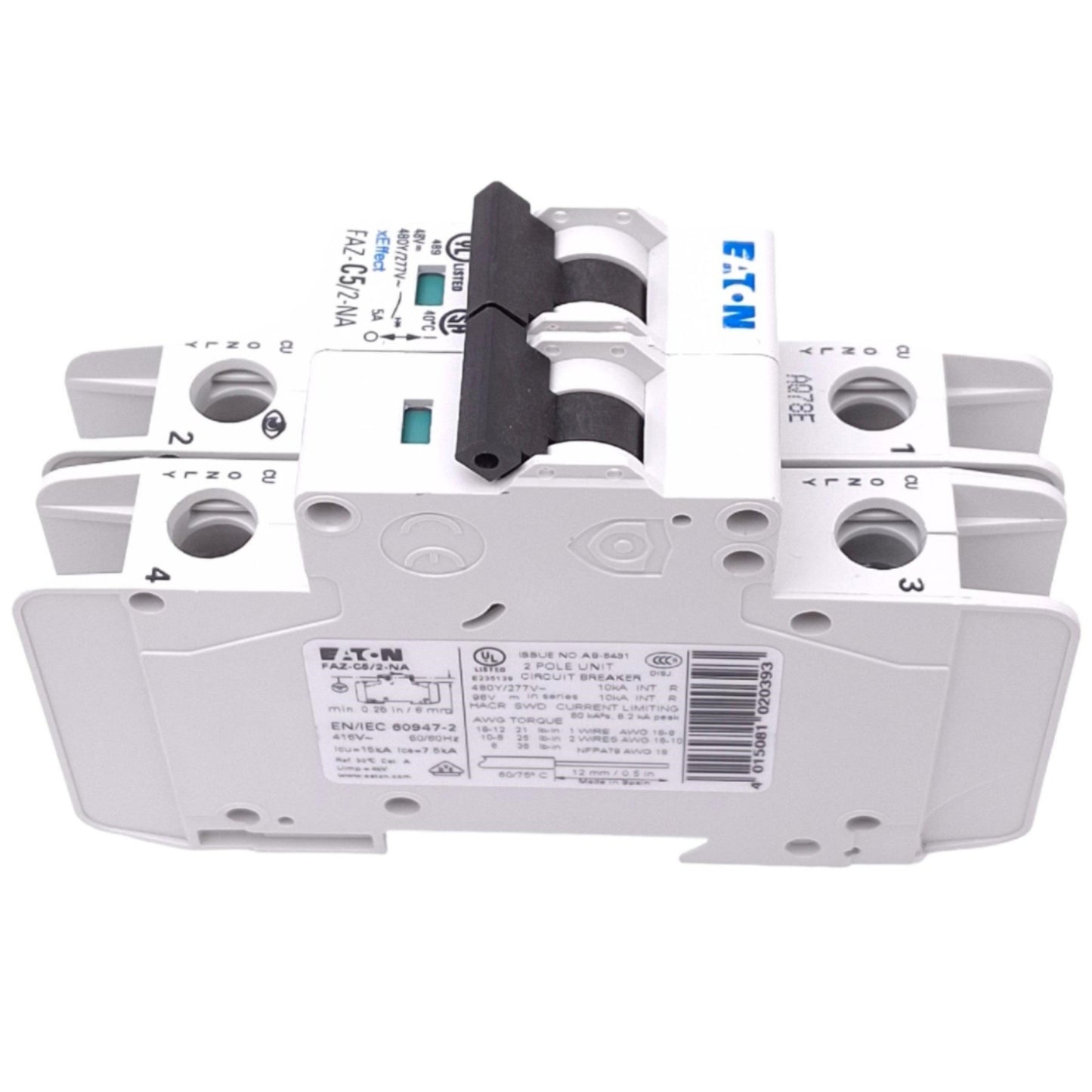 Used Eaton FAZ-C5/2-NA Circuit Breaker, 2-Pole 5A, 480Y/277VAC Max, DIN Rail
