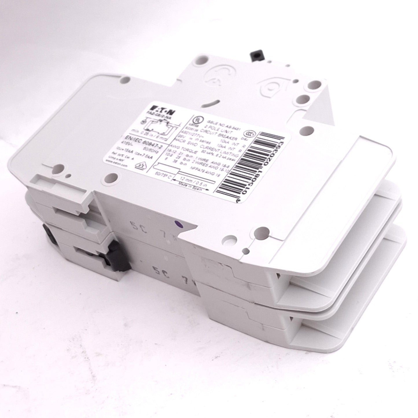 Used Eaton FAZ-C5/2-NA Circuit Breaker, 2-Pole 5A, 480Y/277VAC Max, DIN Rail