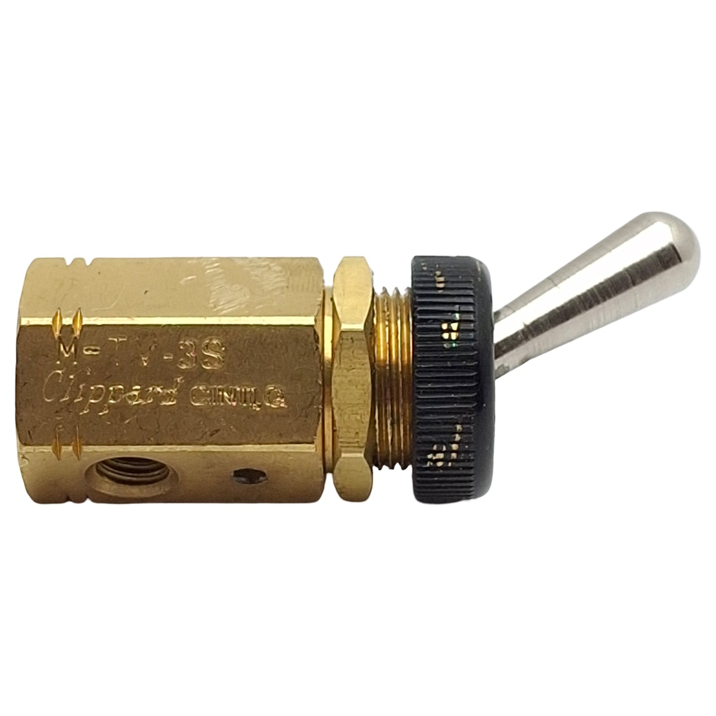 Used Clippard M-TV-3S Brass Toggle Valve, 3-Way NC, #10-32, 10bar Max, 125L/min, M12
